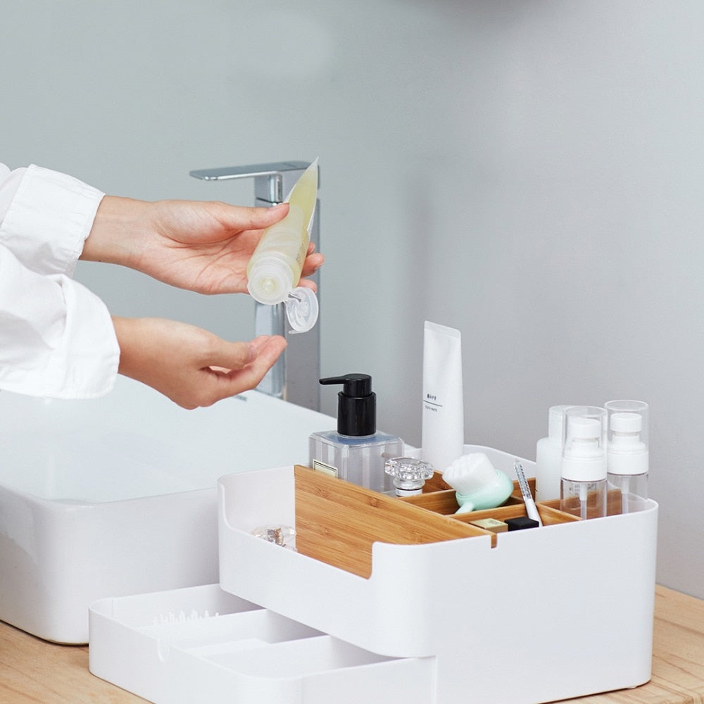 Boite de rangement à maquillage compartiment en bambou